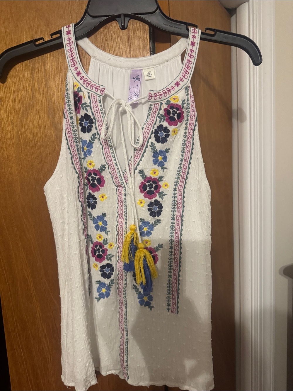 Alya White Embroidered Floral Halter Camisole with Yellow Tassels
